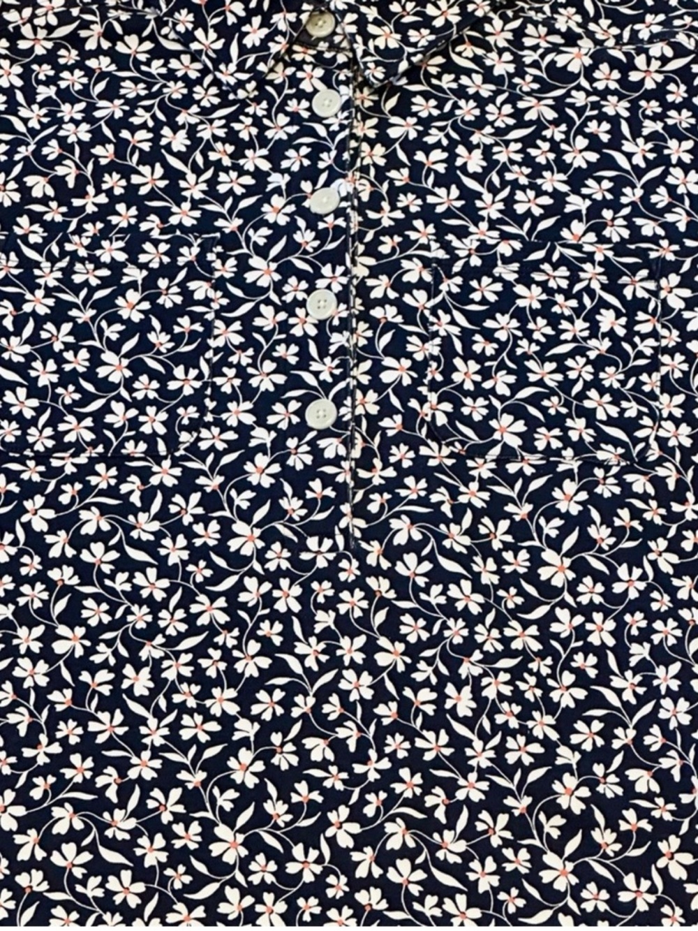 Lands' End Navy Floral Button-Up Top with Orange Accents